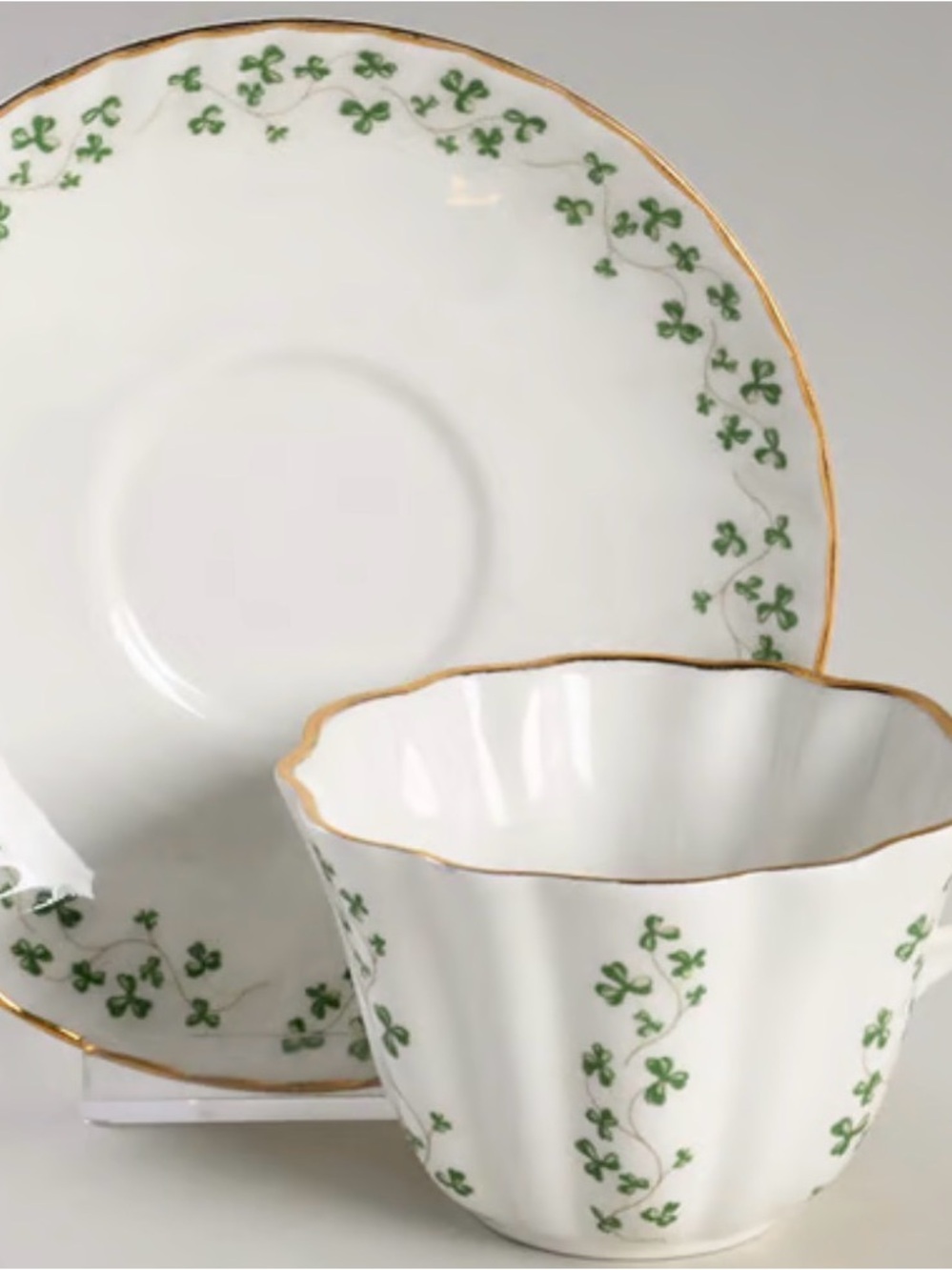 White Porcelain Teacup and Saucer with Green Clover Vine & Gold Trim Royal Tara